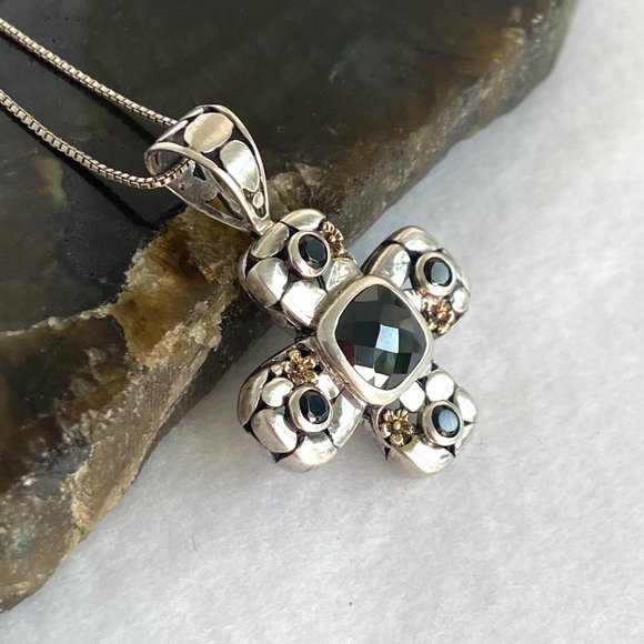 Sterling Silver 925 Black Tourmaline Glass Cross Pendant Necklace 18" Box Chain - Picture 5 of 16